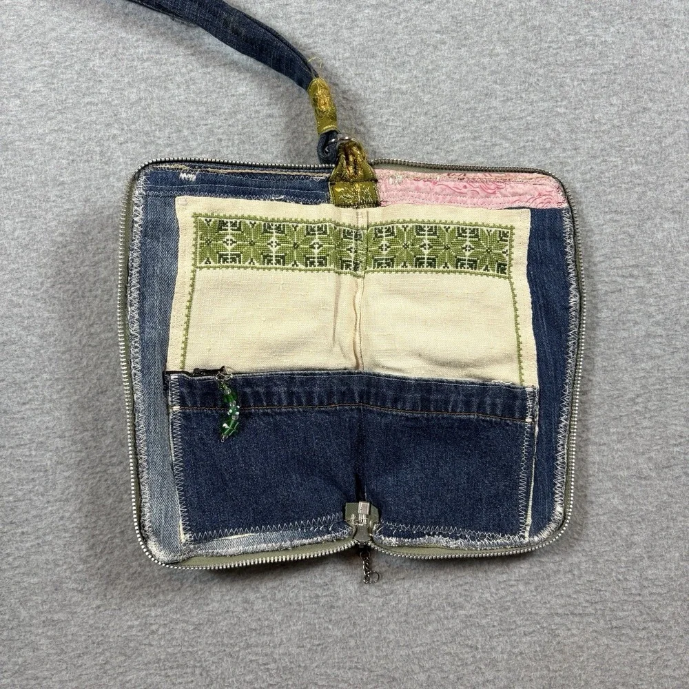 Vintage Upcycled Levis Denim Wristlet Wallet Zip Pouch Handmade Boho Floral